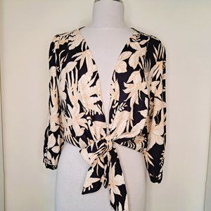 Nicole Miller Floral Crop Top Tie Waist Multicolor Size M 3/4 Sleeve